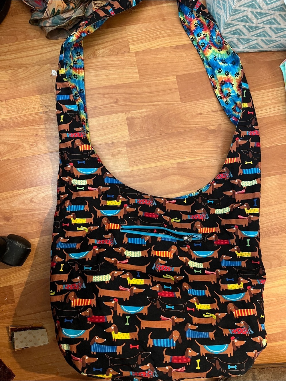 Dachshund Print Crossbody Tote - Black with Colorful Dogs Handcrafted